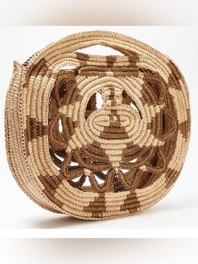 Vince Camuto Round Handwoven Straw Tote in Beige and Brown